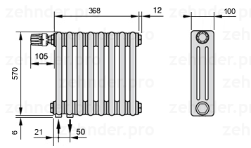 Схема (чертеж) Радиатор Zehnder Charleston 3057/8 №V001 Белый глянцевый RAL 9016